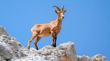 A goat stands majestically on rocky terrain under a clear blue sky, showcasing its agility and grace in a natural setting.