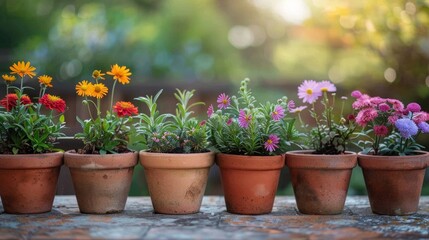 Assortment of colorful flowers in terracotta pots on a rustic wooden table with a blurred background. AI generative. .