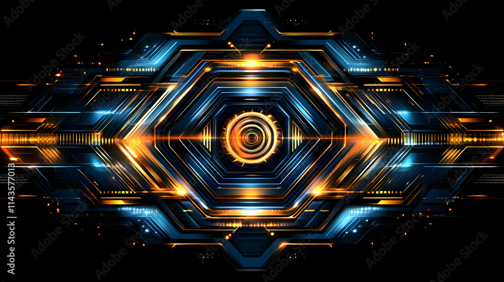 Poster abstract futuristic tech background with glowing hexagonal shapes and circuits.