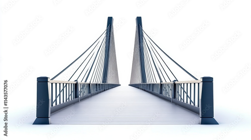 Poster a modern suspension bridge with a minimalist design, featuring a symmetrical structure and cables su