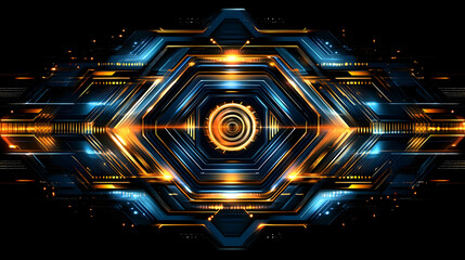 Abstract futuristic tech background with glowing hexagonal shapes and circuits.