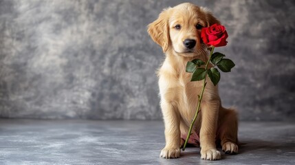 Golden retriever holding a Valentine rose,holding a single red rose,Valentines day love,anniversary,wedding,Love symbol,holiday card,copy space,Love symbol concept.