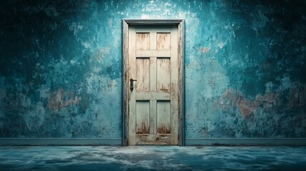 A single door standing alone in the middle of a vast empty room representing the feeling of being trapped and without any apparent way out  This minimalist