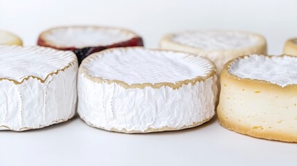 A collection of various round cheeses with white rinds displayed neatly, showcasing textures and colors.