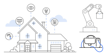 Smart home with various connected devices like security, heating, lighting, and appliances. Robot arm, bag with charging cable. Ideal for technology, automation, IoT, home automation, connectivity