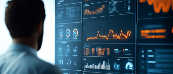 A person analyzes data visualizations on a digital screen, showcasing graphs, metrics, and insights for informed decision-making.