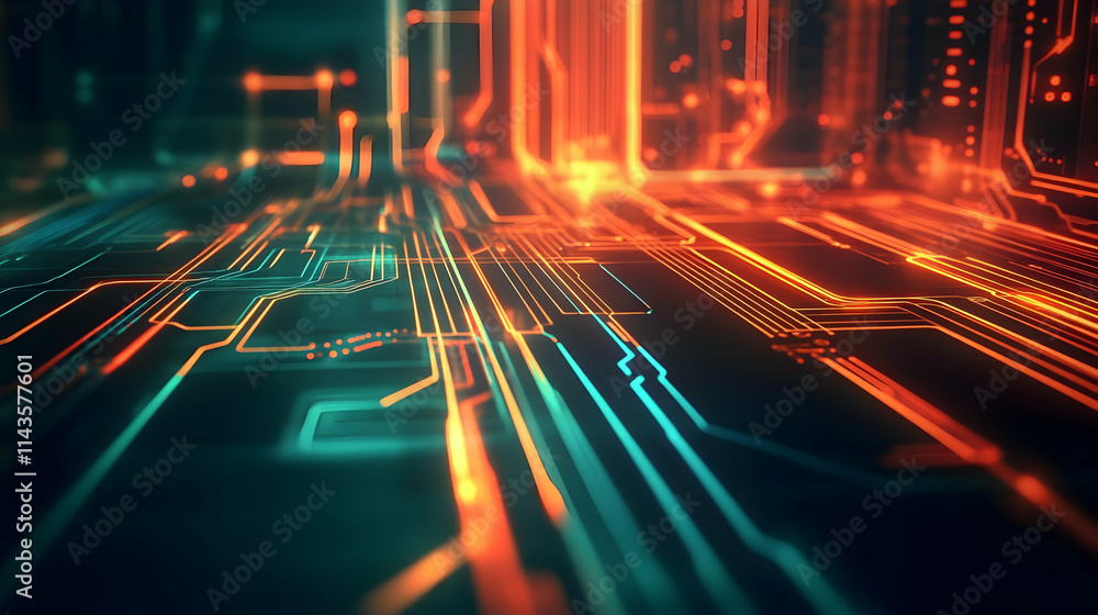 Poster abstract glowing circuit board pattern.