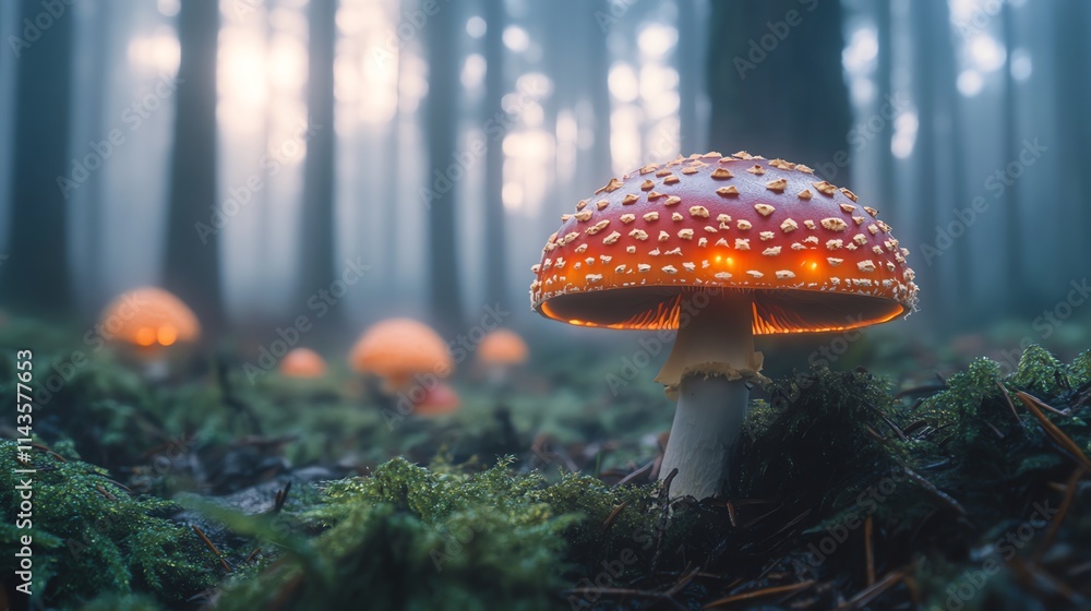 Poster a vibrant red mushroom with white spots illuminated in a misty forest setting.
