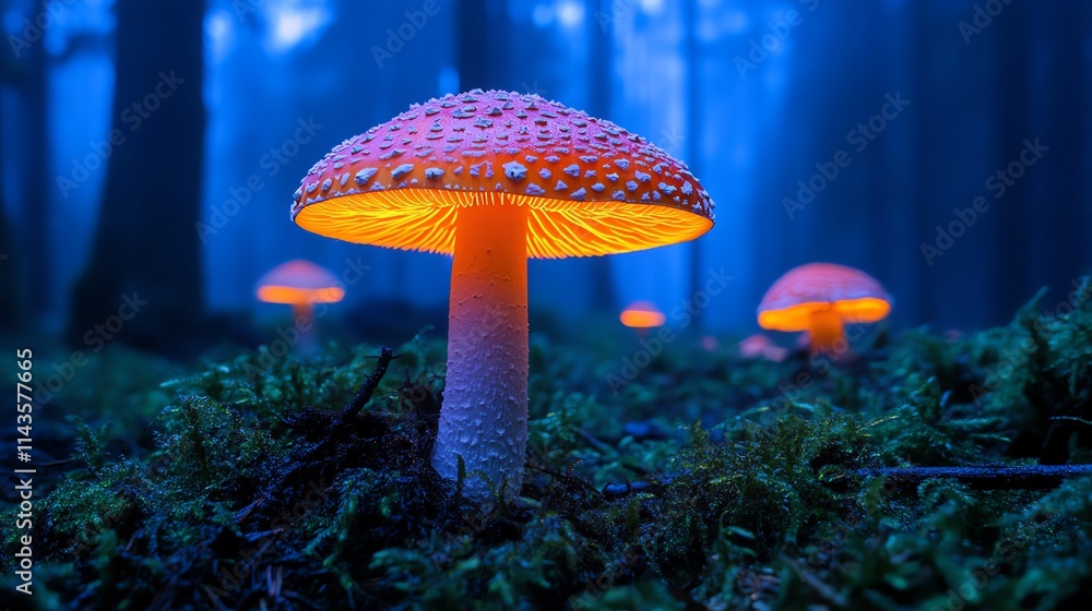 Poster glowing mushrooms illuminate a mystical forest scene at twilight.