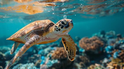 Obraz premium A sea turtle swims through the ocean with its shell and fins visible. AI generative. .