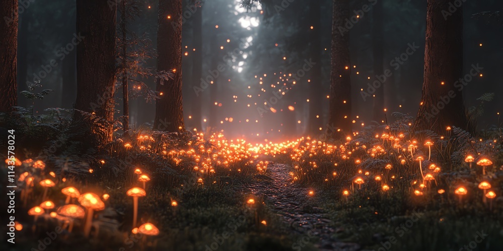 Poster a mystical forest scene illuminated by glowing mushrooms and soft light.