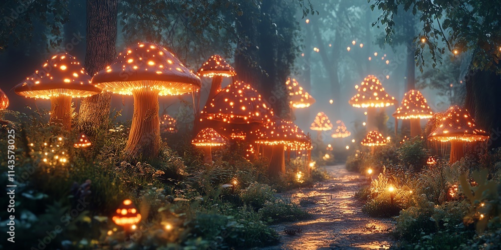 Poster a mystical forest scene with glowing mushrooms illuminating a winding path.