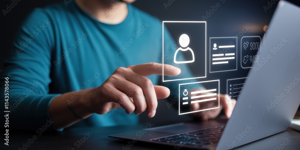 Poster person interacting with a digital user interface on a laptop