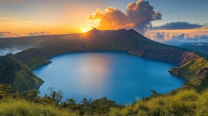 Zoom Virtual Background: Stunning sunrise over a volcanic crater lake surrounded by lush greenery. Sunshine Wallpaper