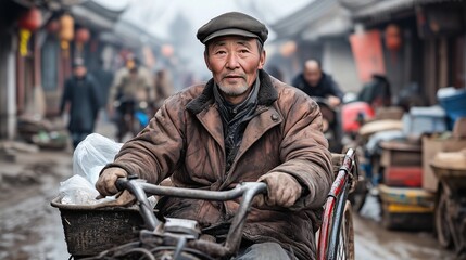 Obraz premium chinese elderly riding vintage bycicle in street market