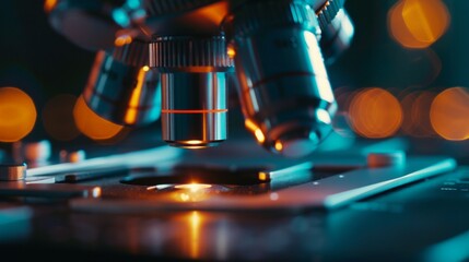 Close-up of a microscope lens with orange bokeh lights. AI generative. .