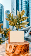 Blank Business Card Mockup, City Background, Wooden Display, Branding.