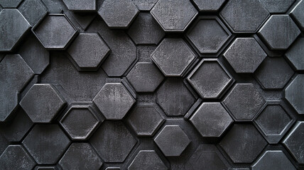 Dark Hexagon Pattern: Abstract 3D rendering of a dark gray, textured hexagon pattern.  Geometric shapes create a modern, industrial, and sophisticated backdrop. 