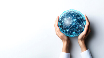A person holds a glowing digital globe, symbolizing technology, connectivity, and global communication.