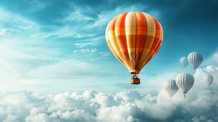 Fototapeta premium Soaring Individualism A Vibrant Hot Air Balloon Rises Above the Dull Gray Balloons Representing the Beauty of Uniqueness and Contrast in the Serene Sky