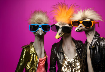 Creative animal concept. Group gang of ostrich bird in sparkly rock punk neon bright colour outfit, copy text space. commercial, editorial advertisement party invitation invite	
