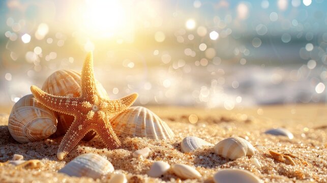 Seashells and starfish on a sandy beach with a blurred background of the ocean and bokeh lights. AI generative. . - Powered by Adobe