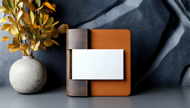 Blank business card mockup on leather holder, autumn leaves background, modern design, branding template. - Powered by Adobe