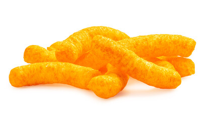 Corn snacks cheesy isolated on white background, Puff corn or Corn puffs cheese flavor on white background with clipping path.