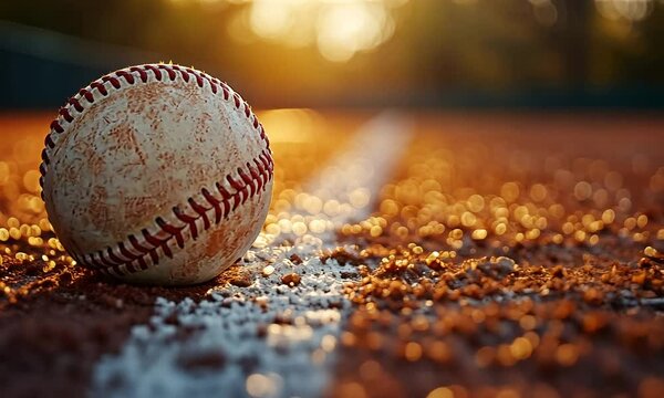 A baseball resting on a field during sunset, creating a serene scene.