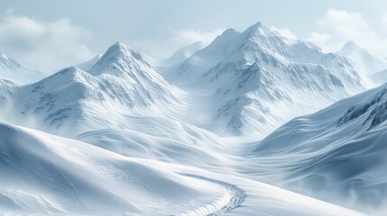 Obraz premium Snow covered mountain peaks with a winding path in the foreground. AI generative. .