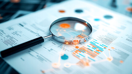 A magnifying glass is focused on a document filled with colorful charts and data, emphasizing analysis and scrutiny of information.