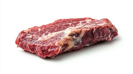 Obraz premium Raw red meat steak with marbled fat texture placed on a plain white background