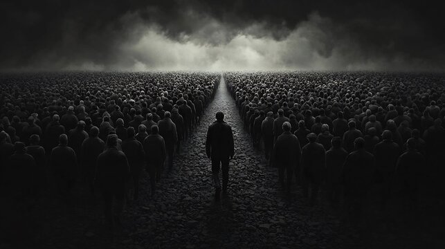 A single person walking against the flow of a large crowd all moving in the same direction  This image symbolizes nonconformity independent thinking
