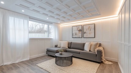 Modern living room with gray sofa, decorative art, and natural light.