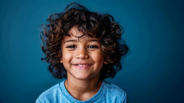 high resolution photography of an Indian boy with curly hair, wearing a blue t-shirt smiling at the camera against a blue background