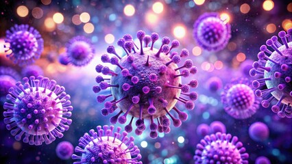 Glowing purple virus, microscopic bokeh, double exposure; abstract science art.