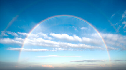 A vibrant rainbow arcs over fluffy clouds.