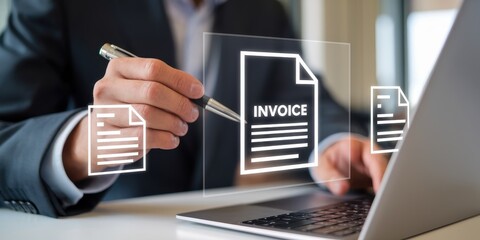 Businessman Reviewing Digital Invoice Documents Online