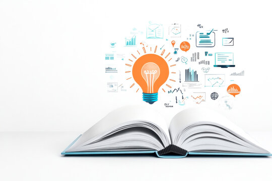 An open book with a light bulb and various icons symbolizes knowledge, ideas, and innovation, representing the fusion of learning and creativity.