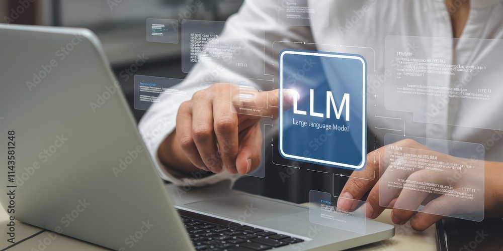 Poster person interacts with a large language model interface