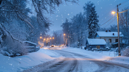 Small village under light snowfall, soft glow from the streetlights, peaceful winter evening