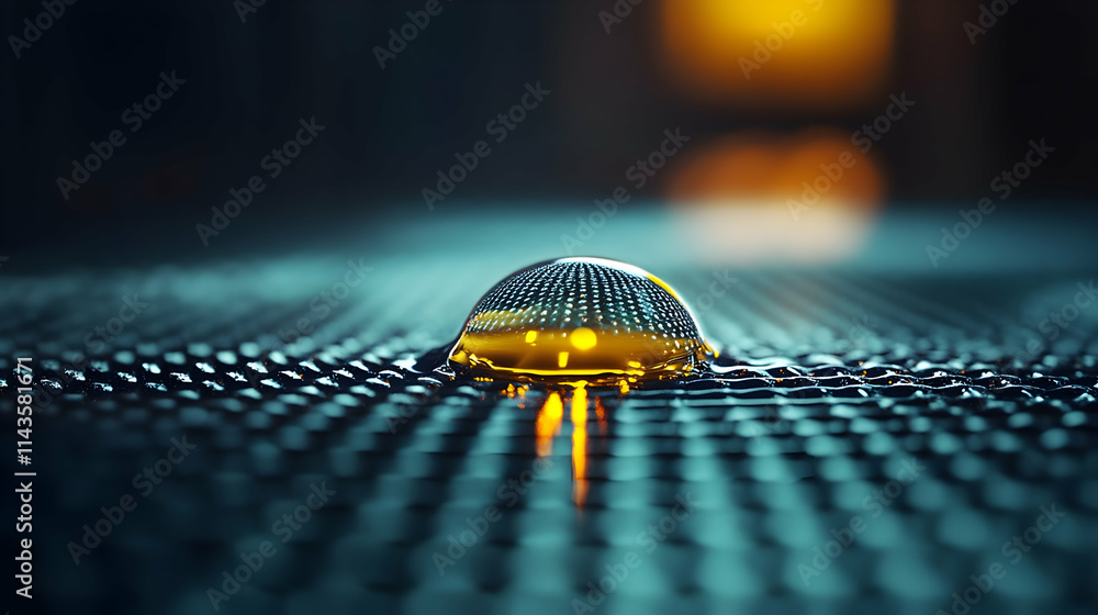 Poster close-up of a transparent sphere resting on a textured surface, illuminated from below.