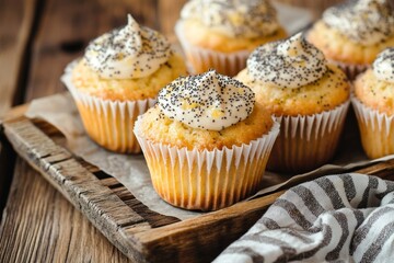 Poppy Seed Lemon Cupcakes on Wooden Tray