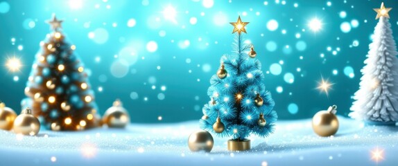Christmas tree ornament, glowing lights, winter scene, snowy background, blue tones, magical atmosphere, sparkles, baubles, festive decor, miniature, bokeh effect, shallow depth of field, holiday mood