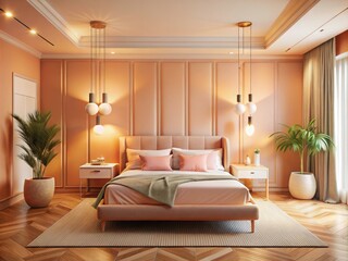 2024 Peach Fuzz Bedroom Design: Modern Luxury Pastel Interior, Empty Wall for Art