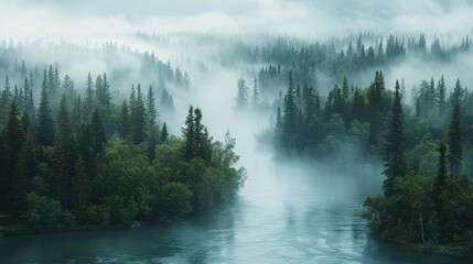 Misty river winding through a dense evergreen forest. AI generative. .