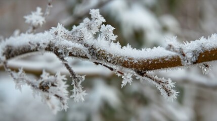 Snow-covered branch with glistening frost, close-up with soft focus, serene and detailed