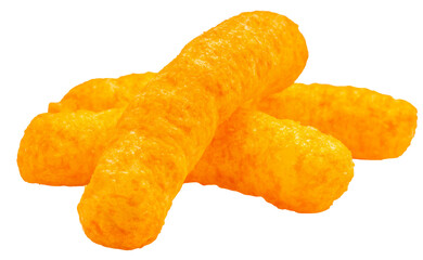 Corn snacks cheesy isolated on white background, Puff corn or Corn puffs cheese flavor on white PNG...