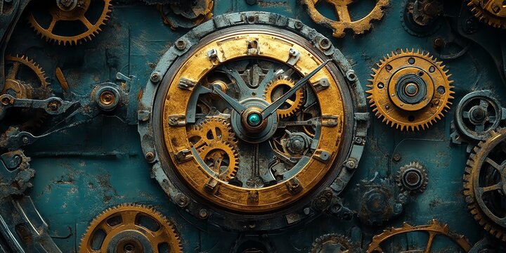 A detailed steampunk clock mechanism with intricate gears and a vintage design.