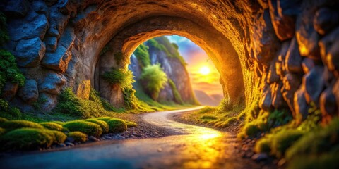 Naklejka premium Sunset Arch Cave Entrance: Fantasy Grotto Tunnel Tilt-Shift Photo